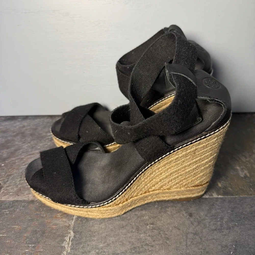 TORY BURCH Frieda Black Strappy Platform Sandals Espadrilles Size 8B
